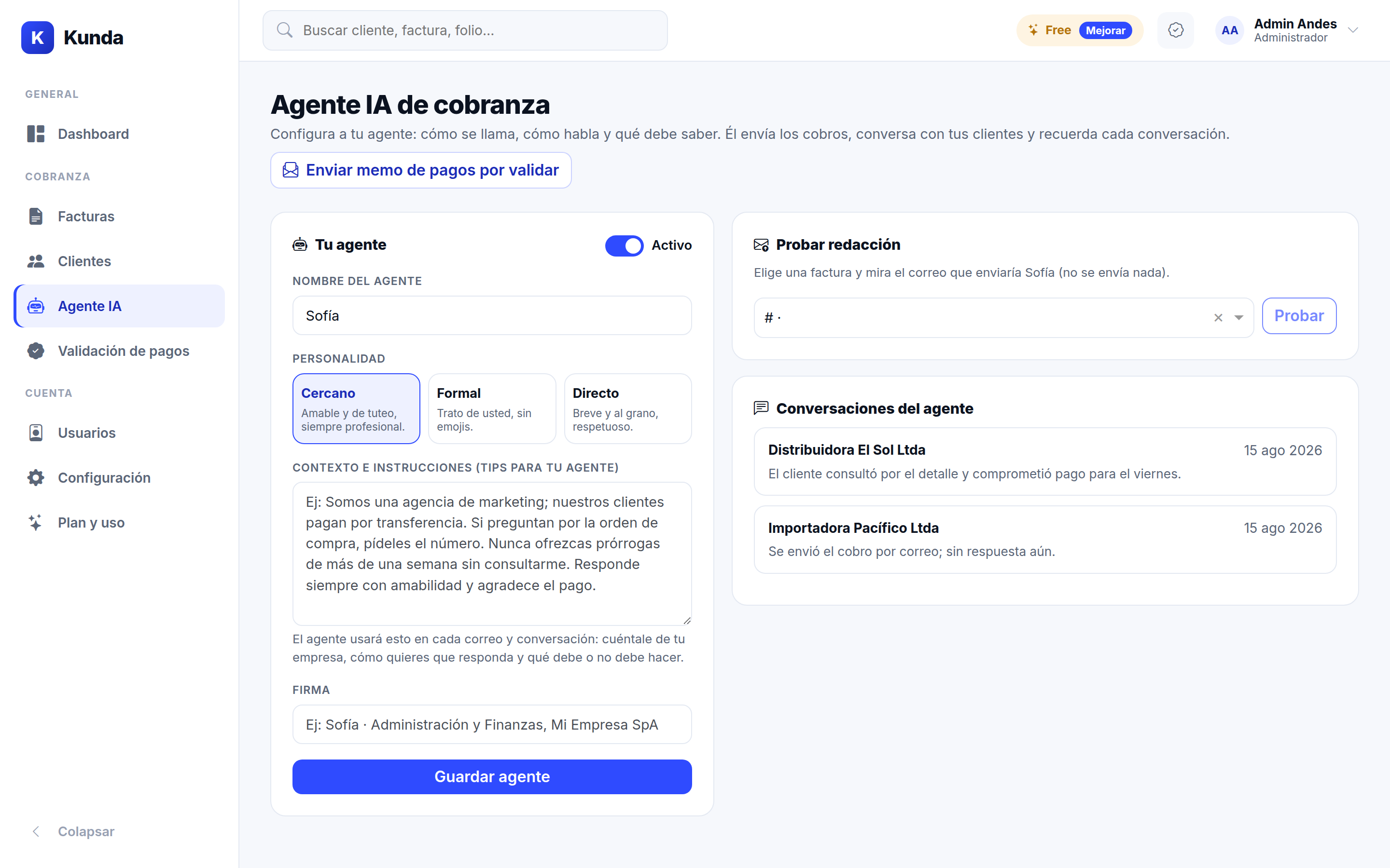 Página del Agente IA en Kunda: nombre, personalidad, instrucciones y conversaciones con clientes